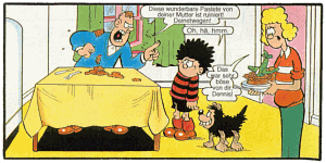 Dennis, sein Vater, seine Mutter und Hund Gnasher (aus "Als Papi noch ein Junge war" Yps Nr.1224)