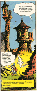 Arthur mit seinem Freund Ferdinand vor der Kulisse des Familienschlosses (aus "Eine spritzige berraschung" Yps Nr.421)