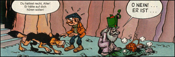 Szene mit Isegrim, Bauer Rbsam, Gwar, dem Herrscher der Unterirdischen und der Leiche seines Sohnes  (aus "Die Unterirdischen" Yps Nr.597 )